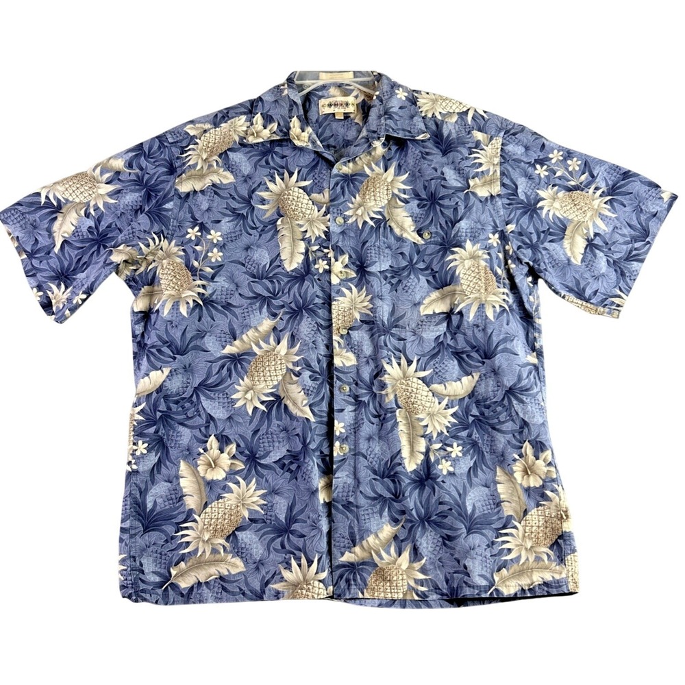 Campia Moda Mens L Hawaiian Shirt Pineapple Blue Floral Camp Cruise Vacation VTG